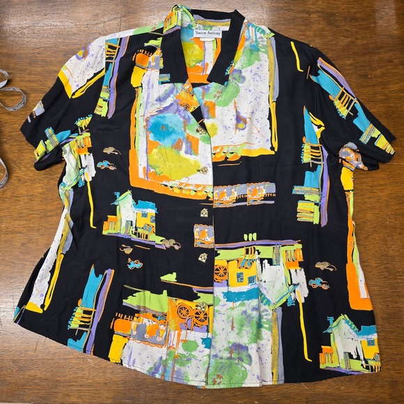 Vintage Sharon Anthony Abstract Art Print Button Down Rayon Plus Size Top 22‎ - Picture 5 of 11